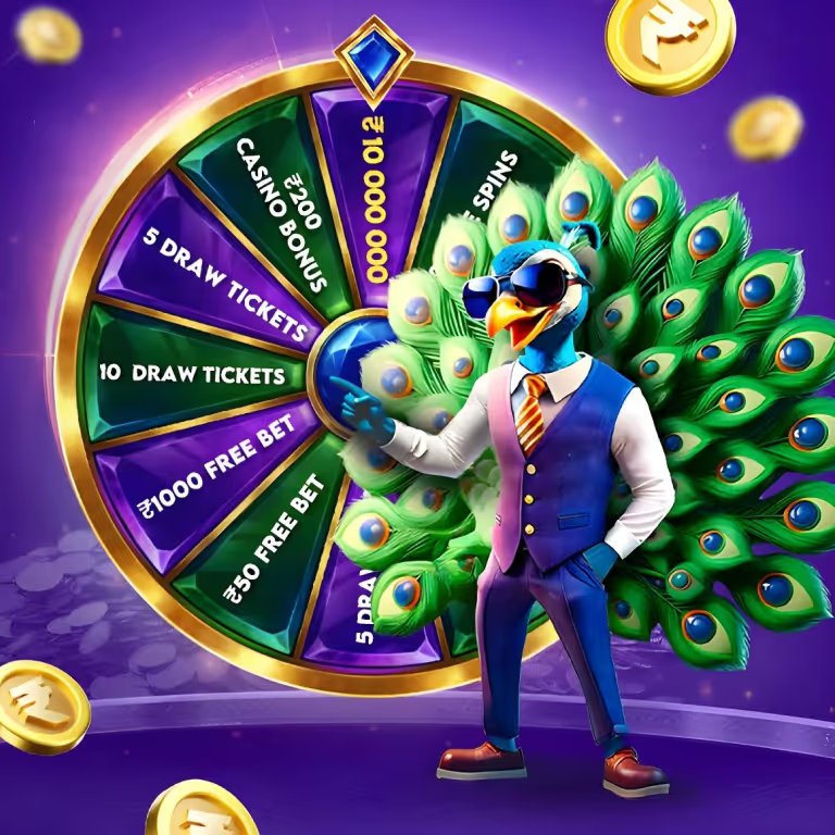 Colourful prize wheel and mascot with peacock feathers, representing Betvibe bonuses.