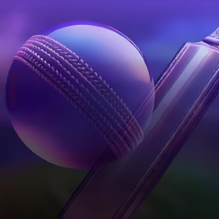 Cricket ball and bat with a glowing purple hue, highlighting Betvibe Sportsbook cricket betting.