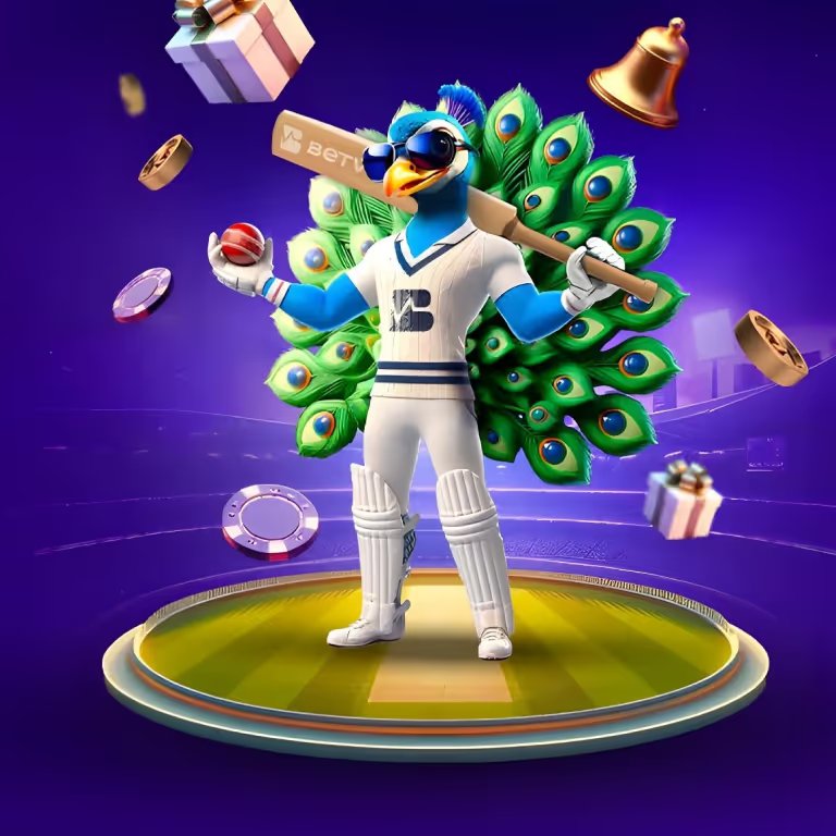 Betvibe mascot on a golden platform surrounded by bonus items, celebrating Betvibe rewards.